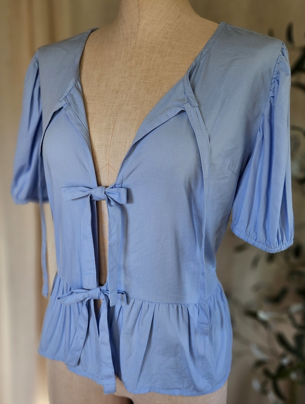 Light Blue Cotton Tie Front Cottagecore Peasant Peplum Blouse Top Large